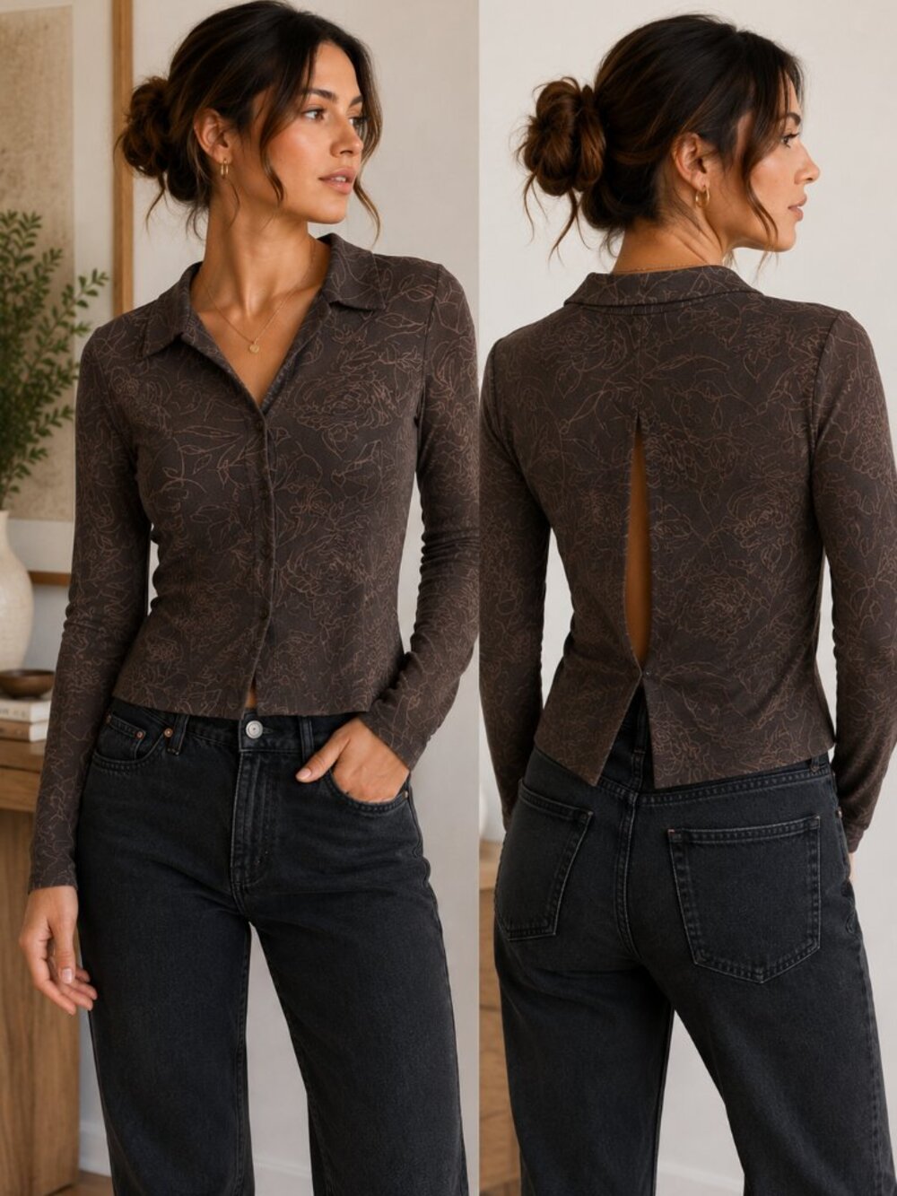 Ronni Nicole Vintage Sheer Floral Mesh Top Brown Y2K Cutout Back ✨